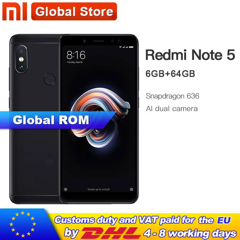 Global Rom Xiaomi Redmi Note 5 6GB 64GB Mobile Phone Snapdragon S636 Octa Core 4000mAh 5.99 2160*1080 Full Screen 12.0+5.0MP | Мобильные