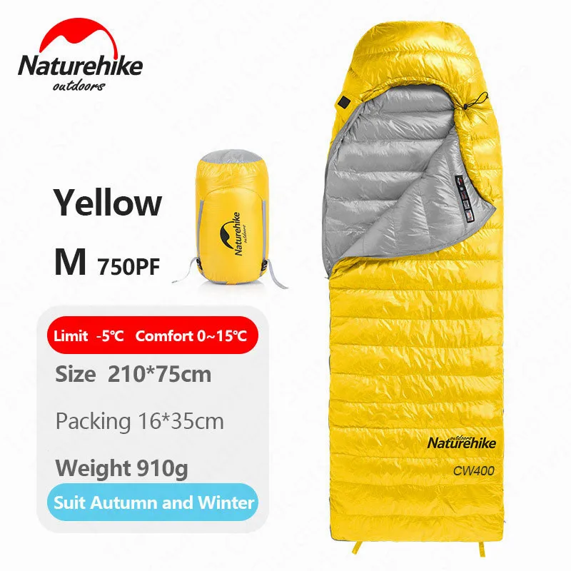 Naturehike Кемпинг 750FP гусиный пух спальный мешок зимний сверхлегкий теплый спальный мешок CW400 конверт нейлоновый водонепроницаемый портативный - Цвет: M-Yellow-750FP