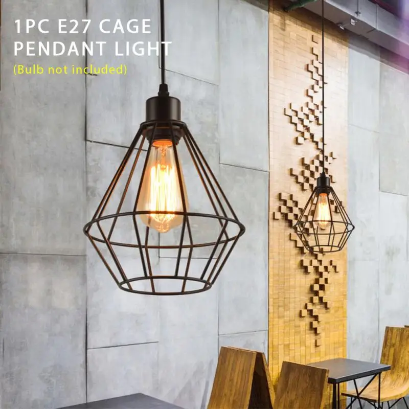 

E27 Lighting Fixtures Cage Pendant Light Vintage Industrial Dining Room Loft Iron Hanging Ceiling Lamp Kitchen Bar Single Head