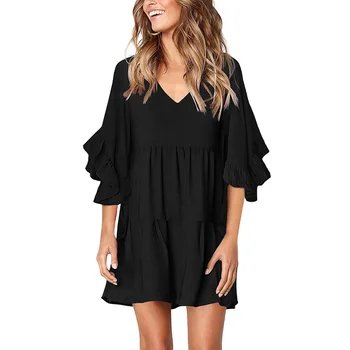 

clothing OWLPRINCESS 2020 Summer New Style Knee-Length Solid Color Dress Women's Capri Bell Sleeve Skirt