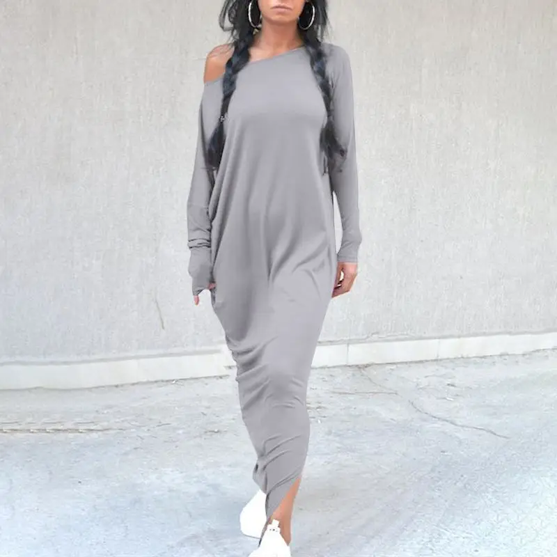 Fashion 5XL Women Maxi Dress Celmia Sexy Off Shoulder Long Dress Autumn Solid Long Sleeve Casual Split Hem Robe Plus Size Dress
