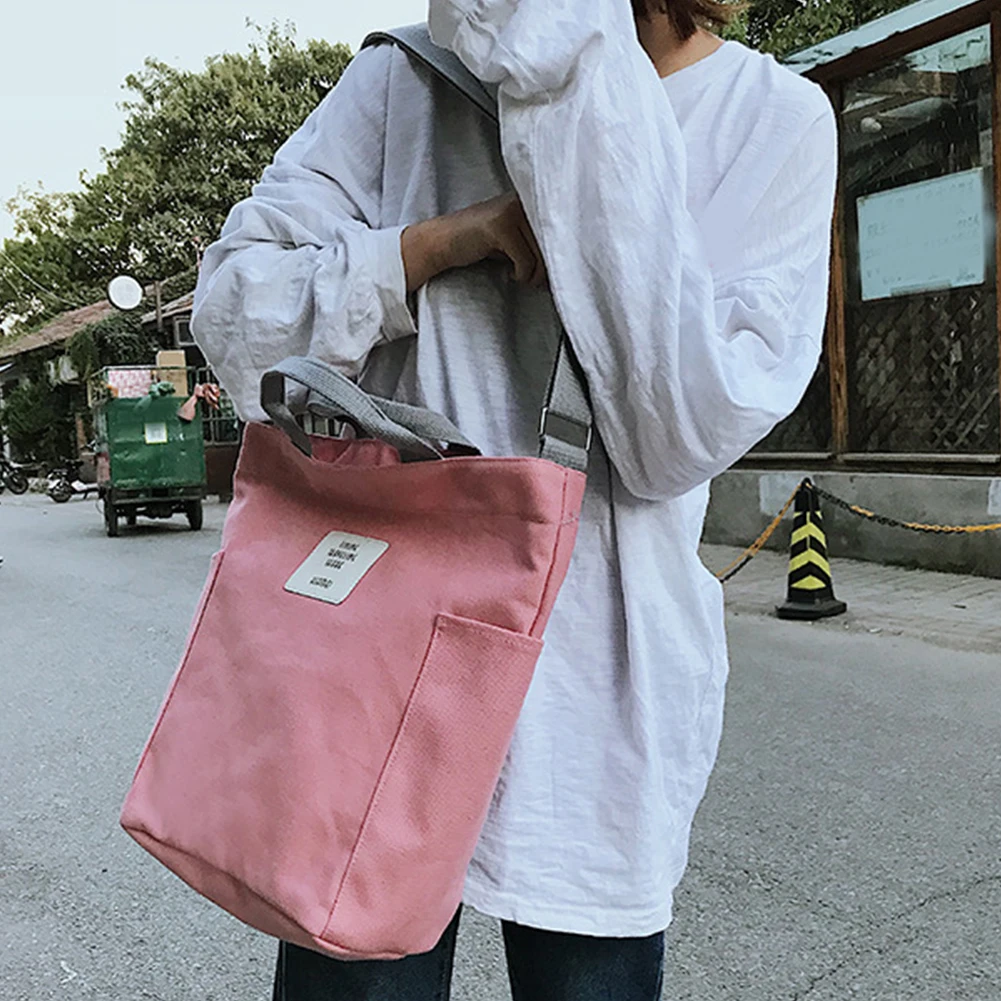 Women Zipper Causal Shoulder Bag Korean Style Canvas Adjustable Strap Handbags Large Capacity Lightweight Multi Pockets Reusable - Color: pink