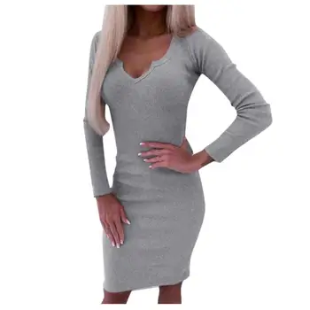 

Women Bodycon Sweater Dress Woman Casual Long Sleeve V Neck Mini Dress Winter Autumn Ladies Solid Slim Fit Robes Dress Vestido