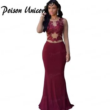 

Sexy Elegant Mermaid Evening Dresses Long Sleeves 2020 Sheer Illusion Bodice Lace Appliques Burgundy Prom Dress vestido longo