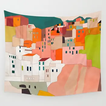

Italy Coast Houses Minimal Abstract Painting Tapestry Wall Hanging Beach Throw Rug Blanket Camping Tent Travel Pad Tapestry