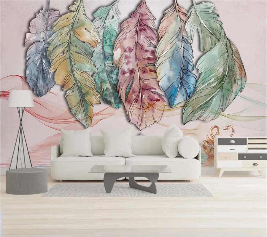 beibehang Custom wallpaper 3d Nordic minimalistic abstract watercolor feather line swan art background wall paper papier peint |