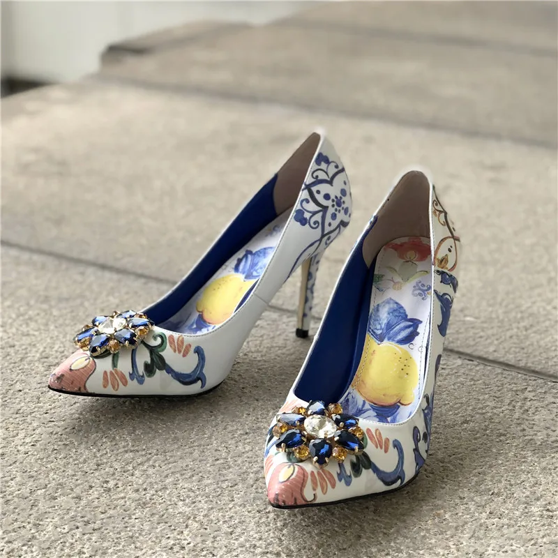 Blue Heel 10cm Весенние милые босоножки на тонком высоком каблуке, украшенные кристаллами; женские туфли с острым носком, украшенные стразами; zapatos mujer - Цвет: Blue Heel 10cm