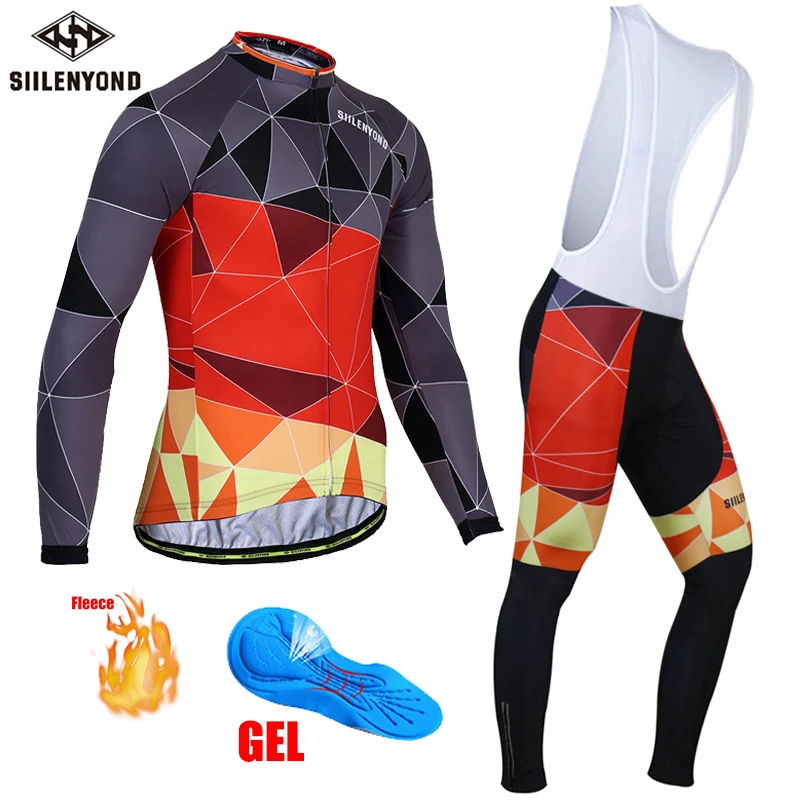

SIILENYOND Men Winter Thermal Fleece Long Sleeve Cycling Clothing suits Ropa Ciclismo Hombre Cycling Jersey Bib Pants Set