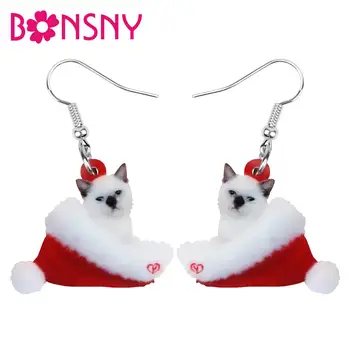 

Bonsny Acrylic Christmas Hat Siamese Cat Kitten Earrings Drop Dangle Animal Jewelry For Women Girls Teens Party Gift Accessory