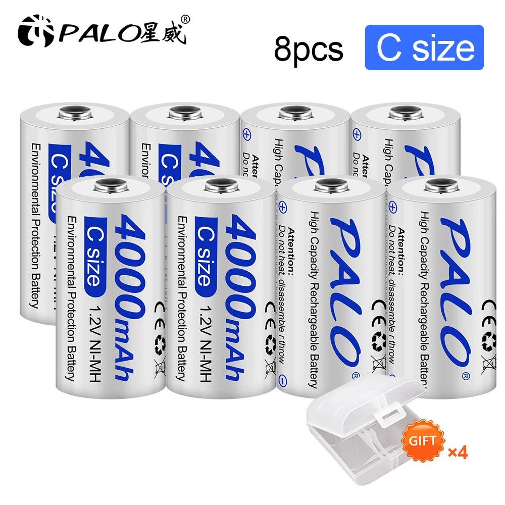 PALO C Size R14 C Cell Rechargeable Battery LR14 4000mAh 1.2V NI-MH C Batteries for Flashlight Gas Cooker with LCD smart charger coin cell battery Batteries