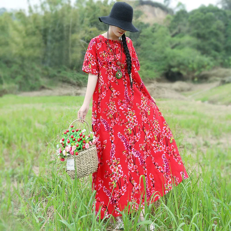

Cotton Linen Dress Women's Summer 2019 New Style Loose Retro Mid-length Ethnic-Style Frog Long Skirts
