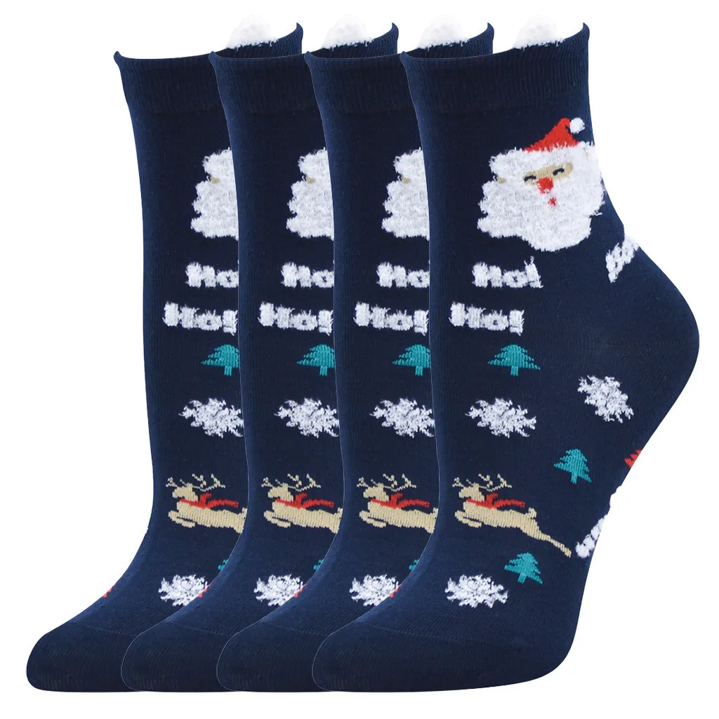 4 пары хлопковых теплых рождественских носков с объемными рисунками животных, Meias, носки средней длины, Рождественский принт лося, Calcetines Mujer