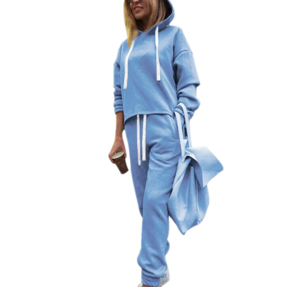Blue SFIT Осень Зима 2 шт костюм женский с капюшоном укороченный спортивный костюм длинный рукав сплошной цвет спортивные брюки Повседневный Модный комплект - Цвет: Blue