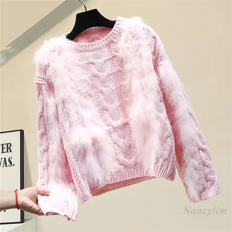 

2020 Autumn Fashion Down Hair Splicing Pullover Twist Knit Sweater New Female Loose-Fitting Outerwear Fair Top Girls Lady Jumper