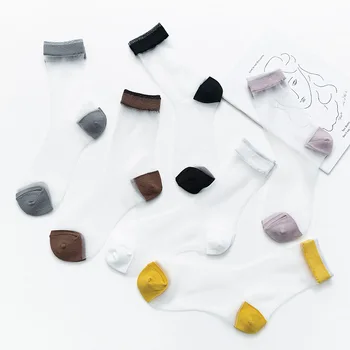 

6 Colors Stretch Women Tube Socks Fashion Thin Crystal Glass Silk Lace Shiny Transparent Elastic Soft Comfort Hosiery