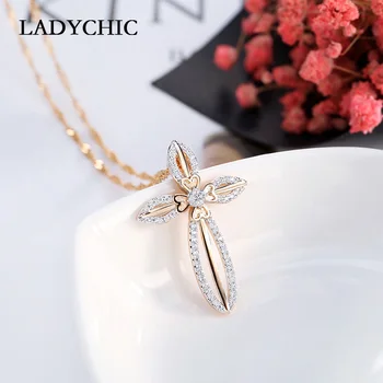 LADYCHIC Elegance Gold Color Flower Leaf Cross Pendant Necklaces for Women and Girl Trendy Crystal Necklace Gift Collares LN1063