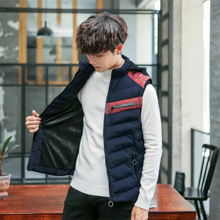 Autumn Winter Men's Vest New Casual Warm Sleeveless Jacket Hooded Stand-Collar Windproof Cotton-Padded Waistcoat Patchwork