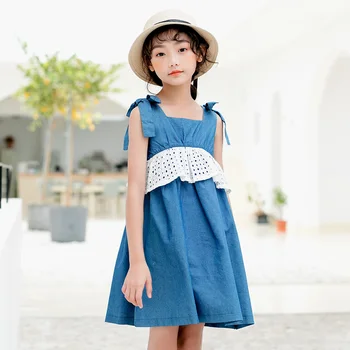 

2020 new girls dress Summer Baby princess dress girl Kids jeans dress Teen Patchwork children denim sundress lace bow