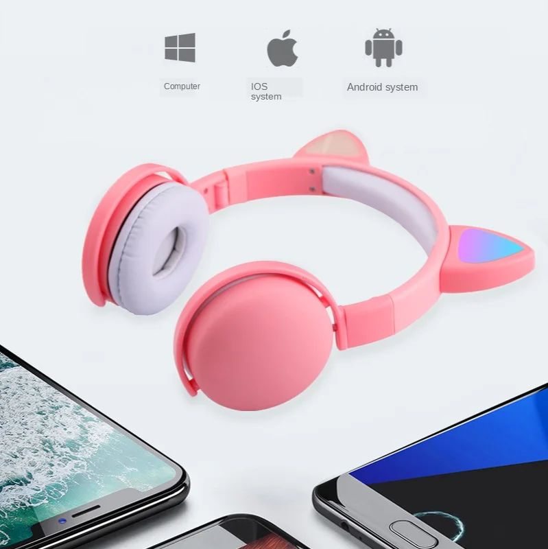 Cute Girl Luminous Cat Ear Headphone Bluetooth Headset Excited Cutely Dimming Cat Ear Colorful Headset Factory Wholesale Support