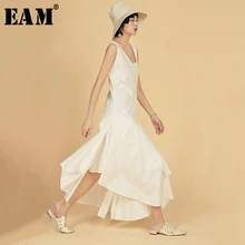 [EAM] Новое весенне-Летнее белое Свободное платье с v-образным вырезом без рукавов и неровным подолом, темпераментное женское модное платье JU828