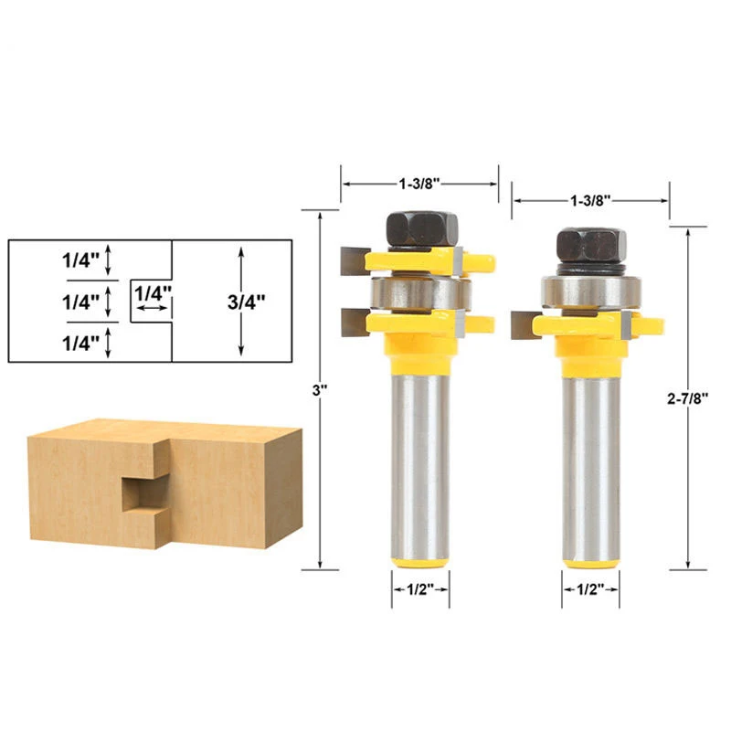 free shipping 2pc 1/2" Shank high quality Tongue and Groove Joint Assembly Router Bit Set Stock Wood Cutting Tool