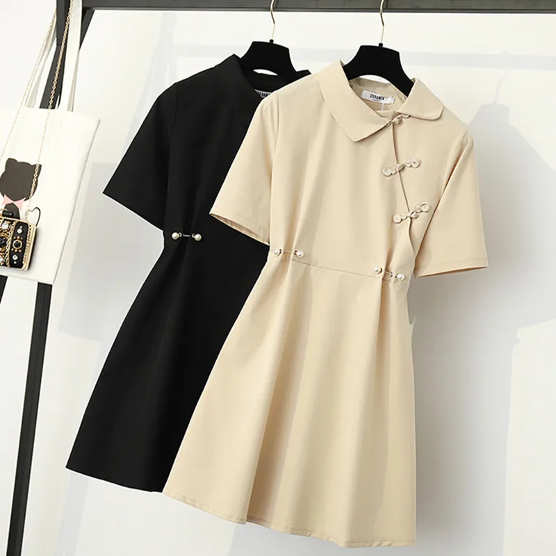 

Big Size Women's Summer New French Retro Skirt Fat Sister Slim Pearl Disc Button Dress