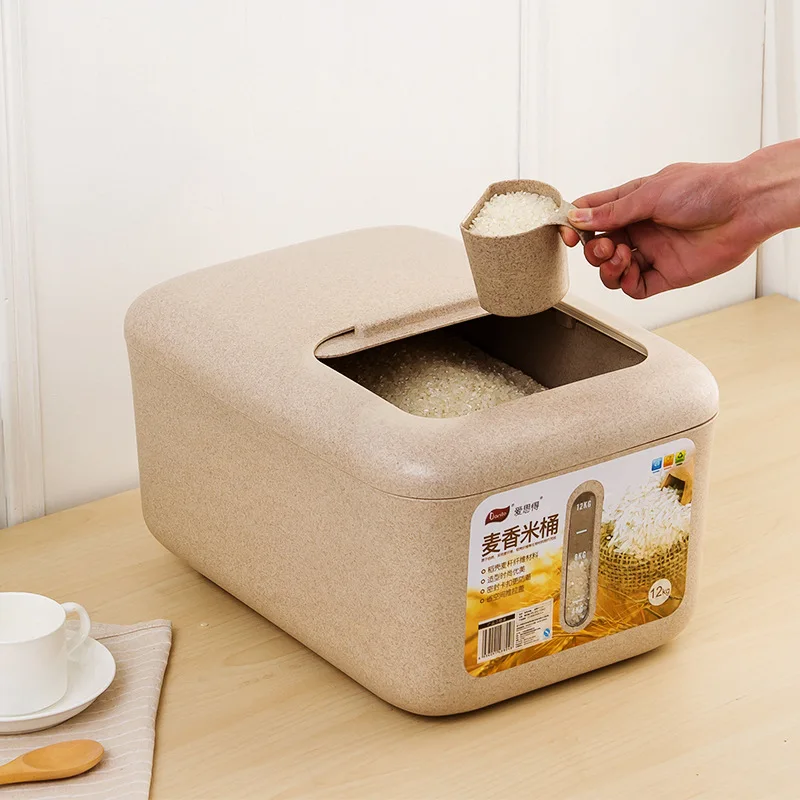 

Wheat Orange Rod Creative Kitchen Rice Bucket 12KG Large Capacity Measuring Identifies Household Push-pull Cover Effortless Roll