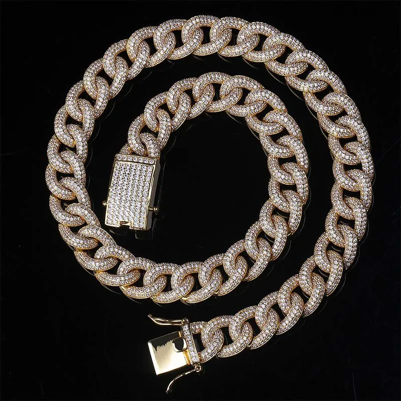 

15MM Full Iced Out CZstone Curb Cuban Link Chain Necklace Mens Gold/Sliver Hip Hop Jewelry Copper Material For Gifts 18" 22