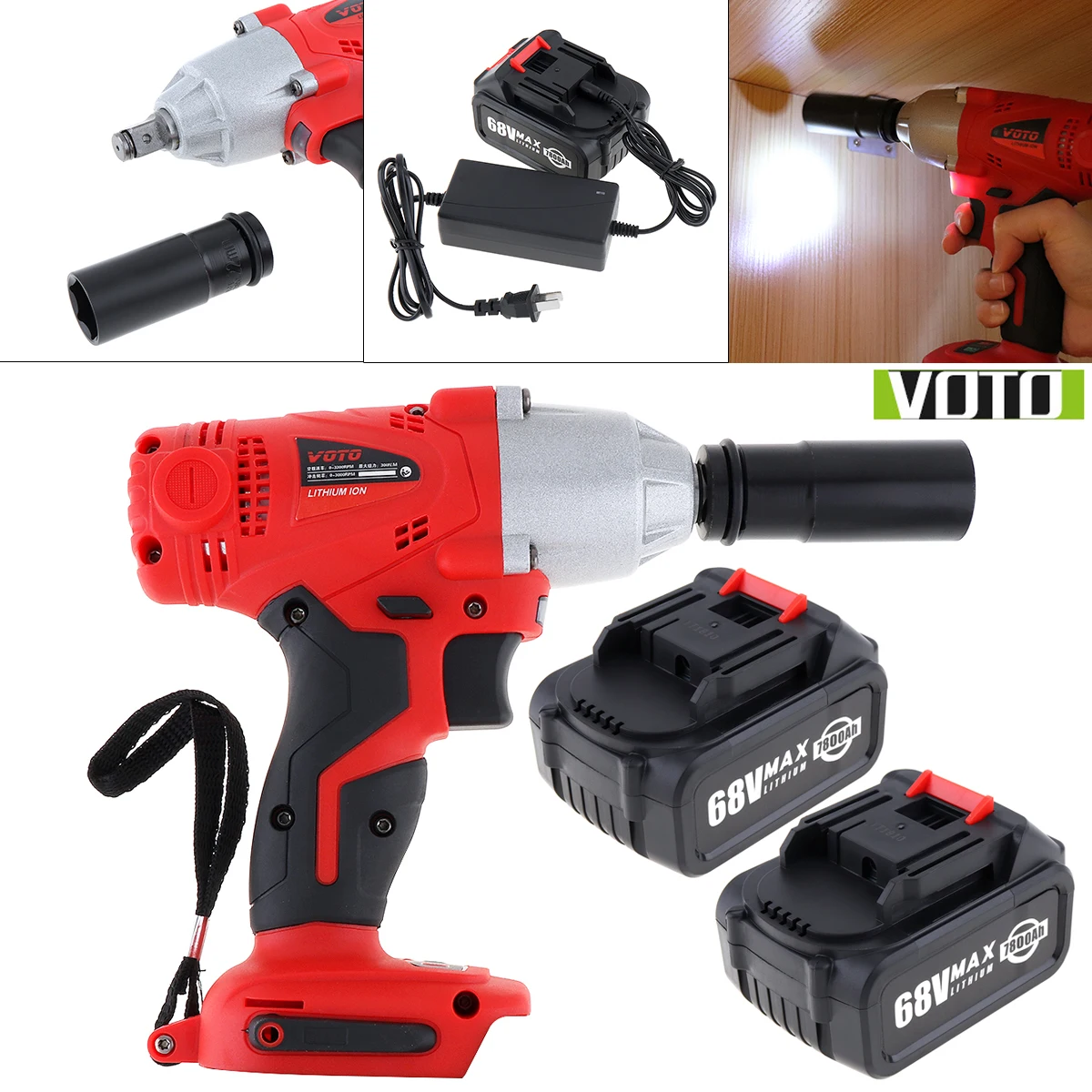 

AC 100 - 240V Cordless 68V Two-speed Impact Electric Wrench with Max 2 Lithium Batteries and Power Display Light for Car Repair