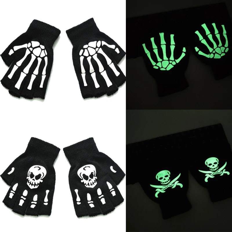 

Halloween Unisex Luminous Skeleton Skull Half Finger Gloves Glow In The Dark Fingerless Stretch Knitted Cycling Winter Mittens