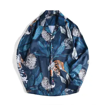 

Mens Hawaiian Shirt Animal plant Print Loose Long Sleeve Oversize Sunscreen shirt 2019 camisa masculina Male chemise homme