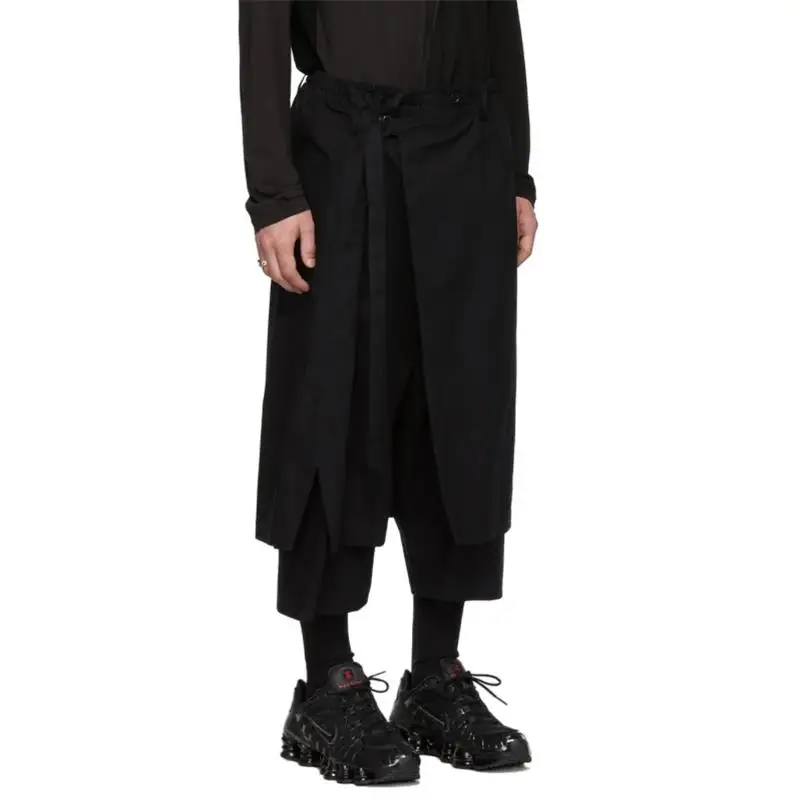 Men's Pant Skirt Wide Leg Spring And Autumn New Black Elastic-Waisted False Two Pieces Of Nine-Point Design Straight Pants