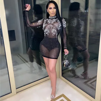 

Top Quality Black Long Sleeve Mantual Beading Hollow Out Bodycon Dress Cocktail Party Bodycon Dress