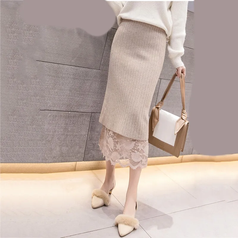 RealShe Women Skirt Long Solid Ruffles Lace Jupe Femme Spring Autumn Elegant Long Skirts Womens Knitted Pencil Skirt High Waist - Цвет: apricot women skirt