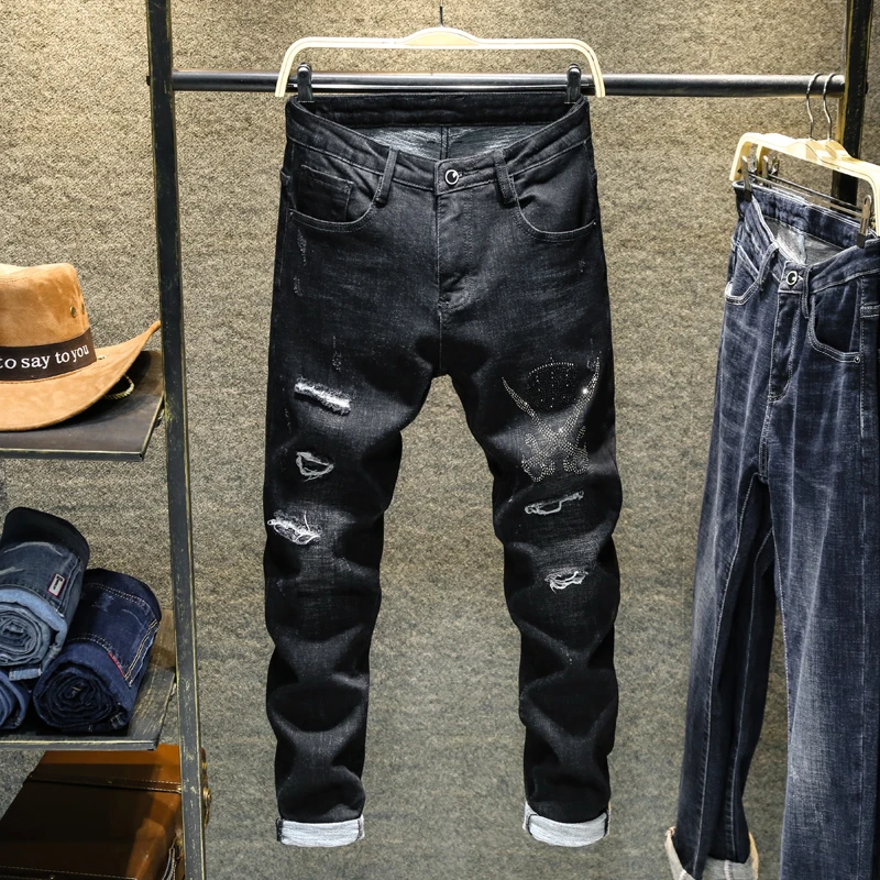 80% OFF Man Jeans Homme Straight Pants Men's fashion Classic Jean trousers Hole Metrosexual Straight Destroyed Jeans High Quality Cotton