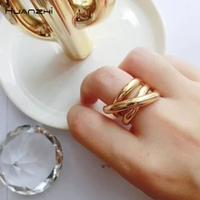 HUANZHI 2019 Nova Coreano Geométrica Simples de Multi-camada Oco Cruz de Ouro Brilhante de Metal Abertura Anéis para Presentes Mulheres Meninas partido(China)