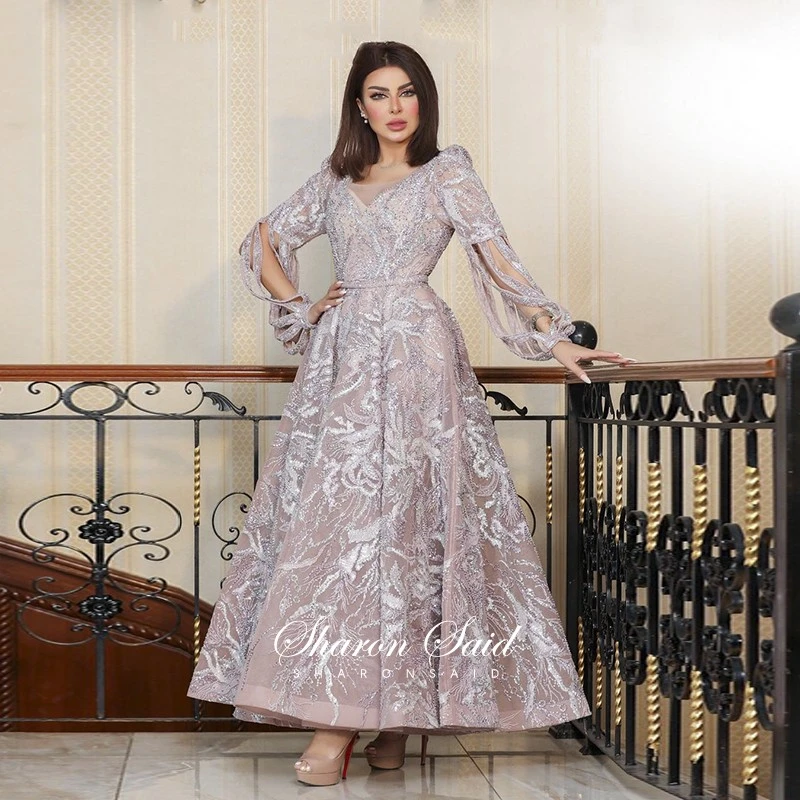 Blush Pink Long Sleeve Muslim Evening Dresses Luxury Beaded Dubai Women