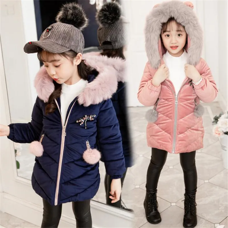 JMFFY/Милая зимняя куртка принцессы с меховым капюшоном для маленьких девочек Детская плотная верхняя одежда пальто для девочек детская одежда От 4 до 15 лет на молнии