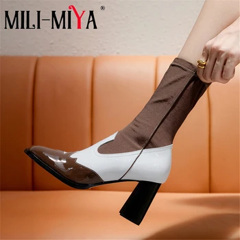

MILI-MIYA Fashion Design Mixed Color Women Cow Leather Ankle Boots Slip-On Square Toe Stretch Flock Square Heels Size 34-40