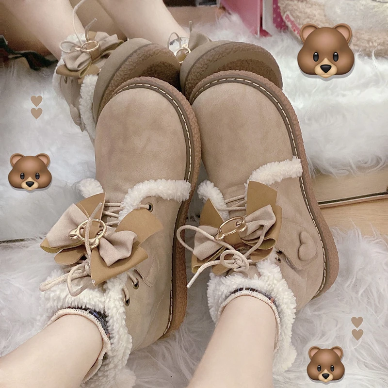 Apanzu Women's Shoes Ankle Boots Bow Casual sweet Flats Japanese Autumn And Winter New Platforms Kawaii shaggy Lolita | Обувь