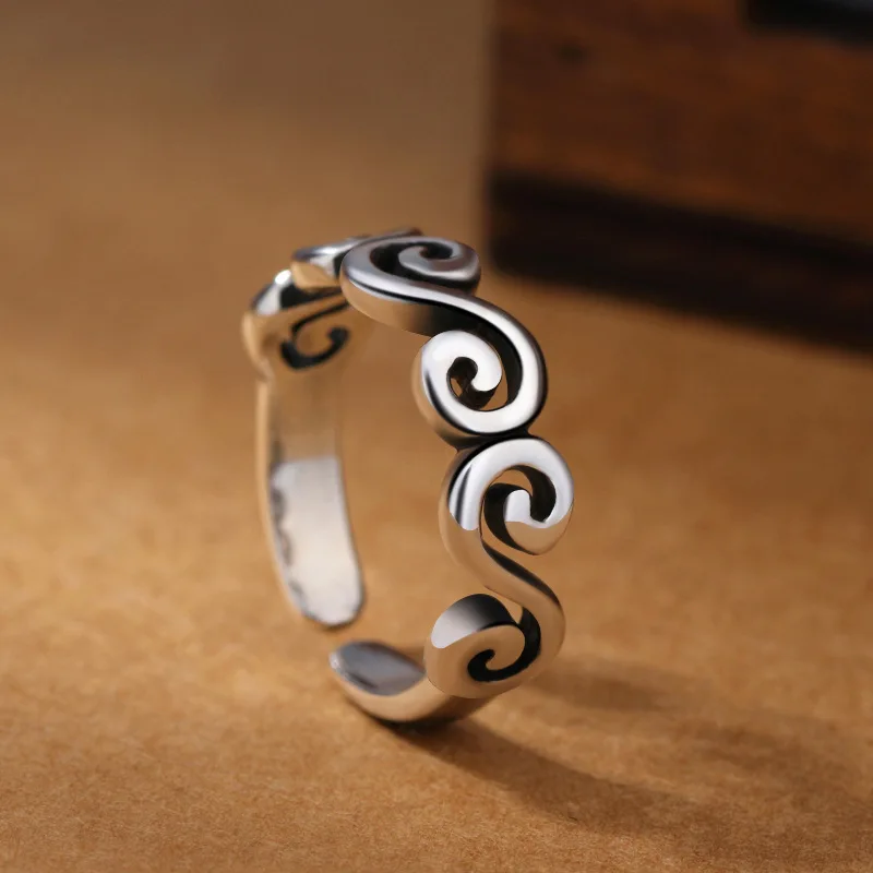 Новое серебряное волнистое кольцо S925 пробы для женщин Ретро простое кольцо индивидуальное открытое тайское античное серебро ручной работы ювелирные изделия