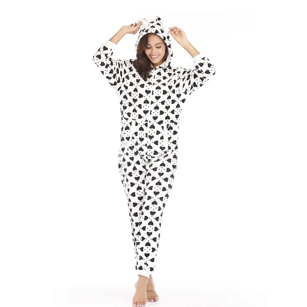

Women Pajama Set Winter Warm Flannel Onesie Fluffy Sleepwear Female Love Printed Jumpsuits Pyjama Hooded With Pocket Homewear