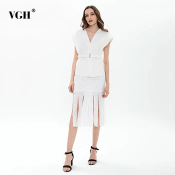 

VGH Patchwork Stripe Two Piece Set For Women V Neck Sleeveless Sashes Shirts High Waist Skirts Female Suits 2020 Spring Fashion
