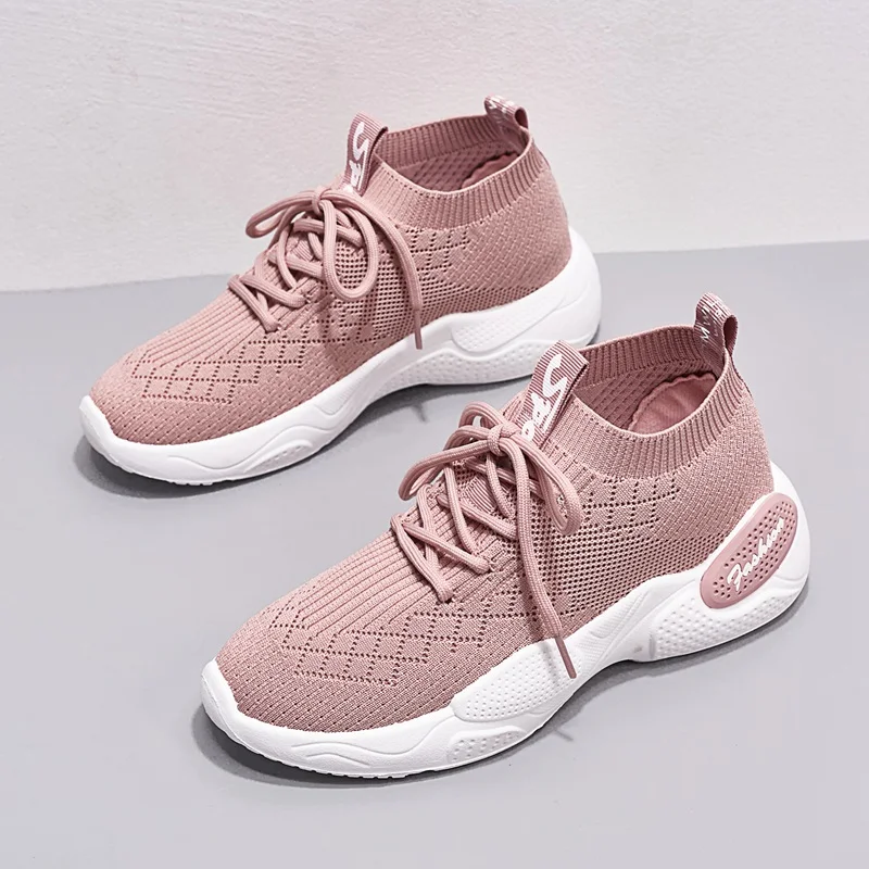 

Sneakers Women Mesh Lace-Up Solid Flat Platform Shallow Stretch Fabric Knited Spring Autumn Wedges Shoes For Women XLJ-5013