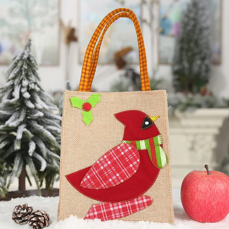 bird linen bag Сумки Санты яблоко в карамели ручки для подарочных сумок рождественские украшения для дома год подарки женская сумка для покупок - Цвет: bird linen bag