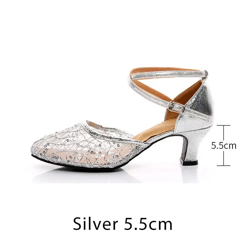 Silver 5.5cm Новое поступление, вырезы, латинские танго танцевальные туфли для женщины, девушки, дамы, Каблук 5,5 см, мягкая резиновая подошва, Бальные Сальса танцевальные туфли - Цвет: Silver 5.5cm