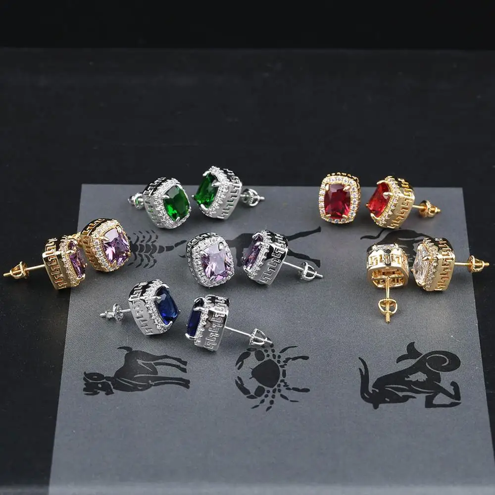 

12 Colors Hip Hop Claw Setting AAA Cubic Zirconia Bling Ice Out Stud Earring Male Geometric Square Earrings Men Fashion Jewelry