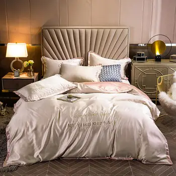 

champagne embroidery Bedding Set Satin Silk Solid Bedspread Luxury Duvet Cover Double Bed Sheets Linens Queen King size 3/4pcs