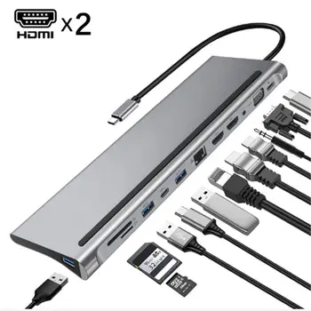 

12 in 1 Type-c to Dual HDMI/VGA/USB 3.0 Hub/PD/RJ/Micro-SD/TF Card Dock Adapter