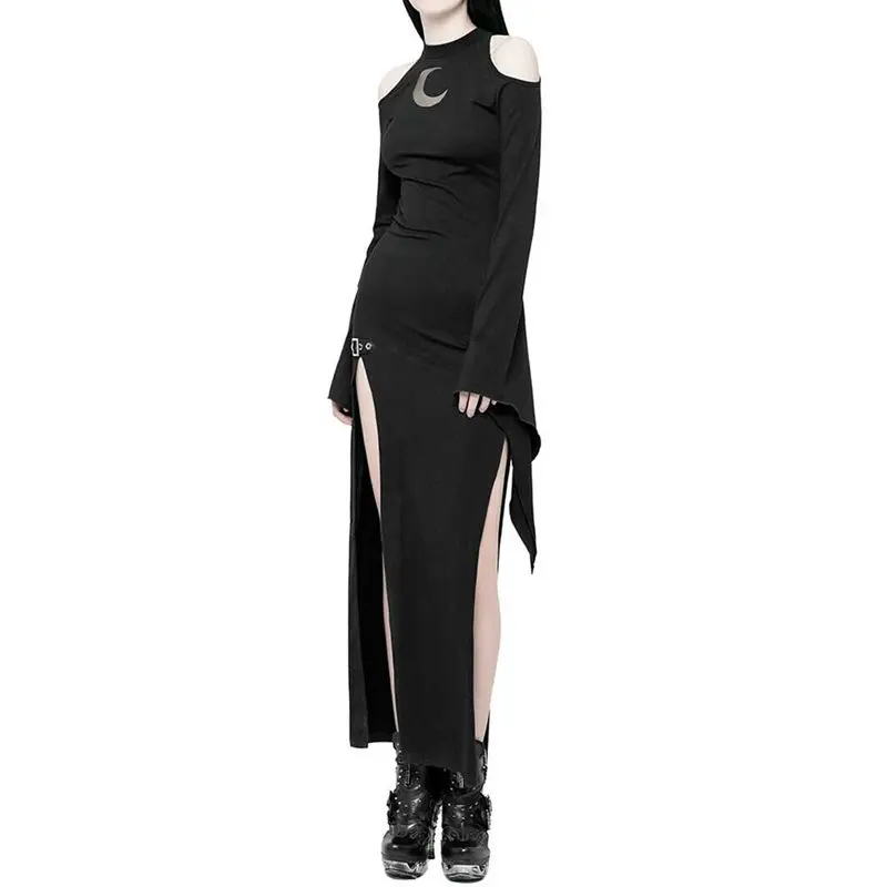 Готический темно черый полое длинное платье Для женщин осенний звонок рукава тонкий ночной вечерние платье черного цвета в стиле панк Рок Motprcycle уличная размера плюс 3X